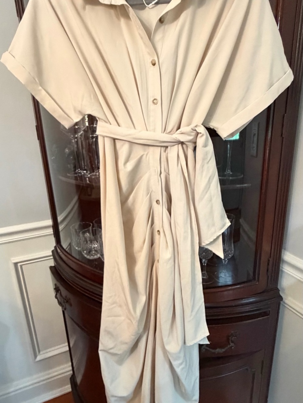Beige Button-Front Tie-Waist Shirt Dress